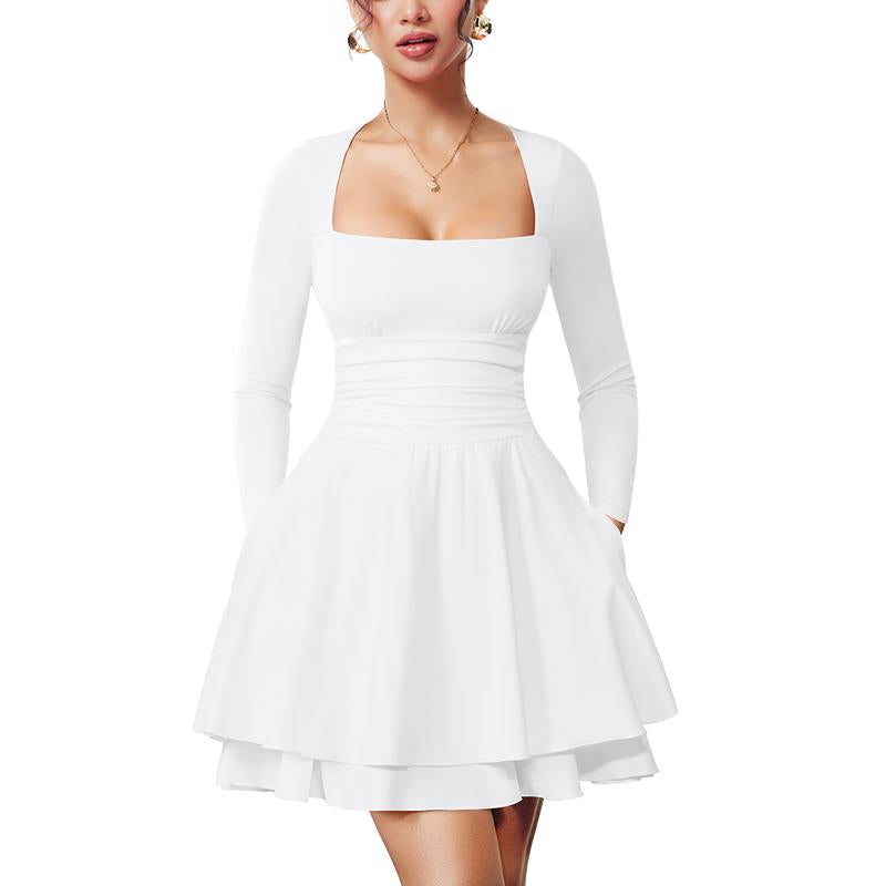 OYS Women'S Square Neck Ruffle Hem Mini Dress Ruched Waist Long Sleeve Corset Short Party Dresses with Pockets